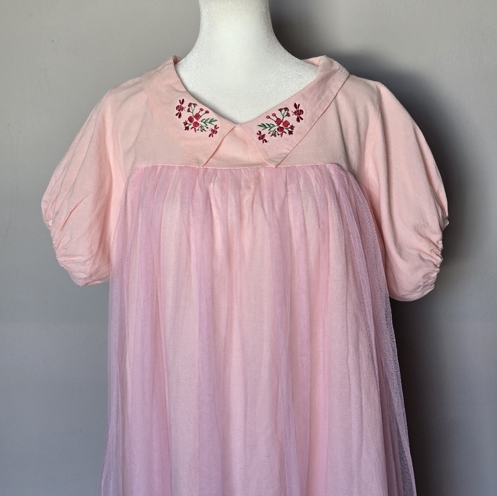 Shabby Chic Babydoll Cottagecore Fairycore Tulle Overlay Midi Loungewear Dress - Picture 5 of 11